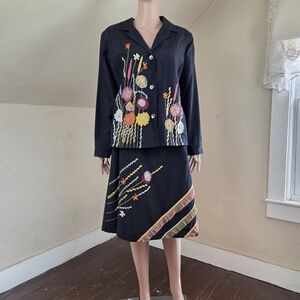 Indigo Moon Embroidered Jacket & Skirt Set Floral Black Linen Blend Women’s L/M